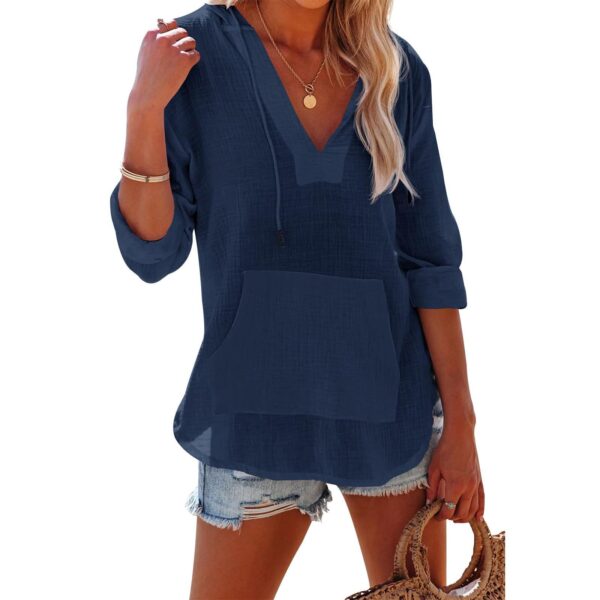 Sports Long Sleeve V-neck Pocket Hooded Women's Shirt Top - Image 4