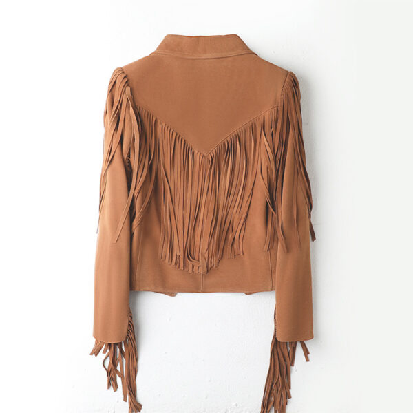 Genuine Leather Sheepskin Suede Lapel Tassel Motorcycle Short Jacket - Image 6