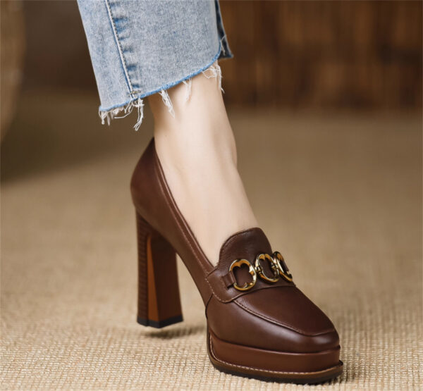 Women's Brown Thick-heeled Sheepskin Shoes - Image 4