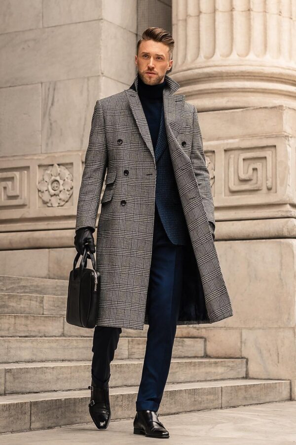 Full Wool Suit Collar Medium Length Double Breasted Checked Overcoat - Image 2