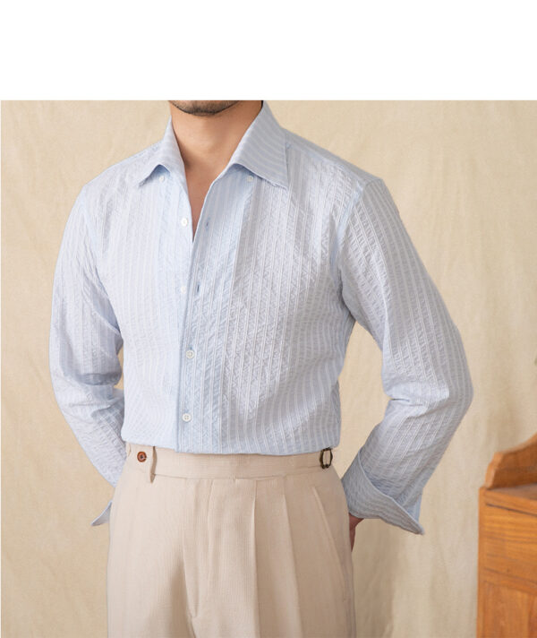 Cotton Seersucker Thin Long-sleeved Shirt One Collar Casual Shirt - Image 9