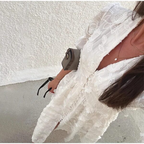 V-neck Puff Sleeve Dress White Embroidered Women - Image 4