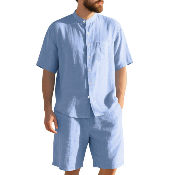 American Linen Suit Men's Summer Two-piece Suit Henry Collar Beach - Image 2