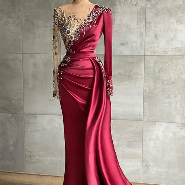 Wine Red Satin Round Neck Slim Dress - Image 5