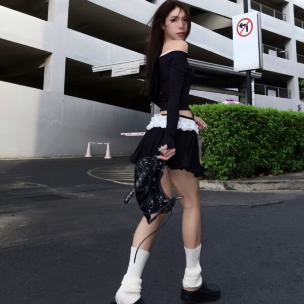 Pure Desire Wind Sweet One Shoulder Bow Long Sleeve Top Half Body Short Skirt Set - Image 2
