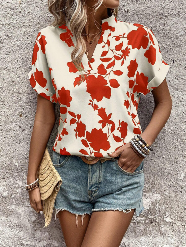 Big Floral Print V-neck Batwing Sleeve Leisure Loose Shirt - Image 3