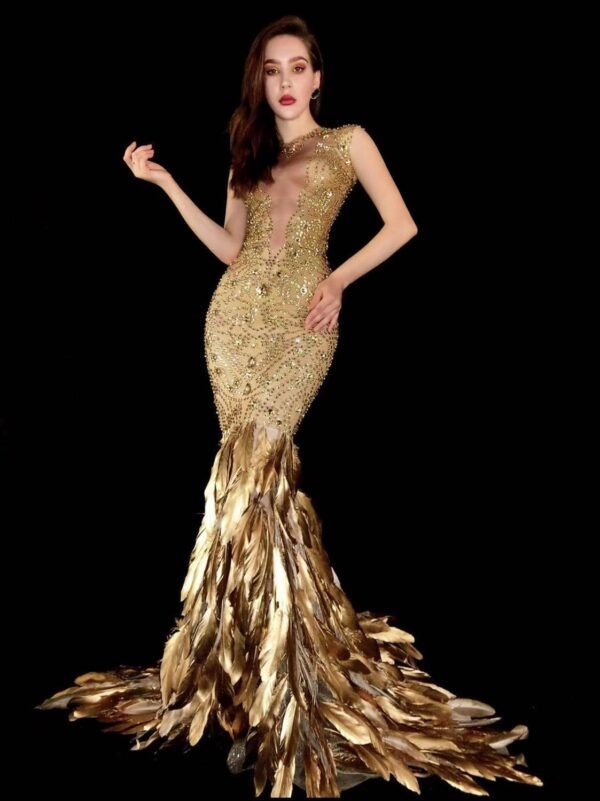 Gold Feather Rhinestone Bag Hip Elastic Evening Dress - Image 3