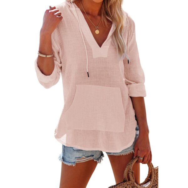 Sports Long Sleeve V-neck Pocket Hooded Women's Shirt Top - Image 3