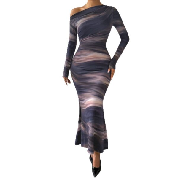 Tie-dyed Crossbody Shoulder Asymmetric Fold Dress - Image 5