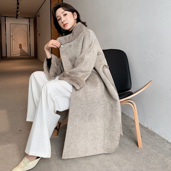 Mink Fur Lace Up Slim Fit Wool Overcoat - Image 6
