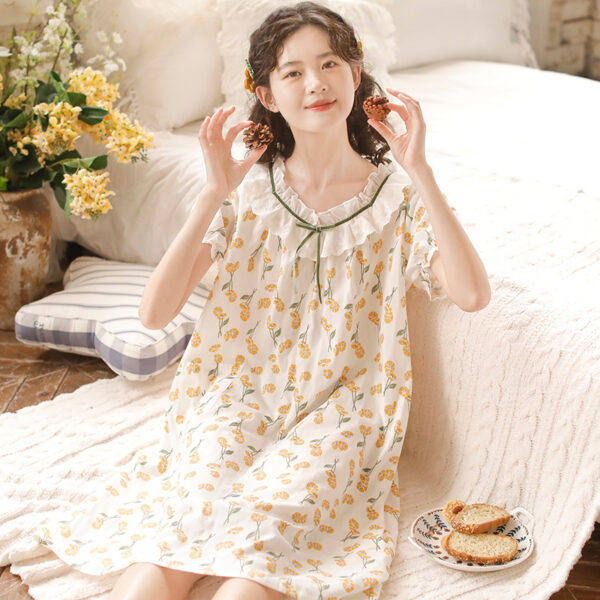 Women's Summer Short-sleeved Korean Style Cotton Nightdress With Chest Pad Floral Print - Image 6