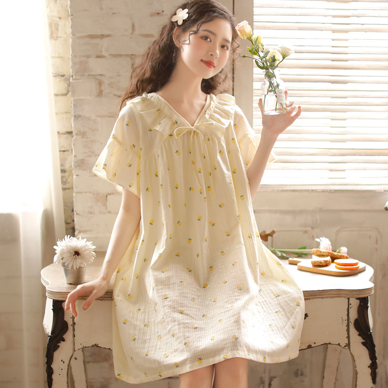 Women’s Summer Short-sleeved Korean Style Cotton Nightdress With Chest Pad Floral Print