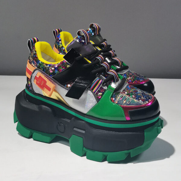 Leather Sequins And Color-blocking Sponge Cake Platform Height-enhancing Shoes - Image 3