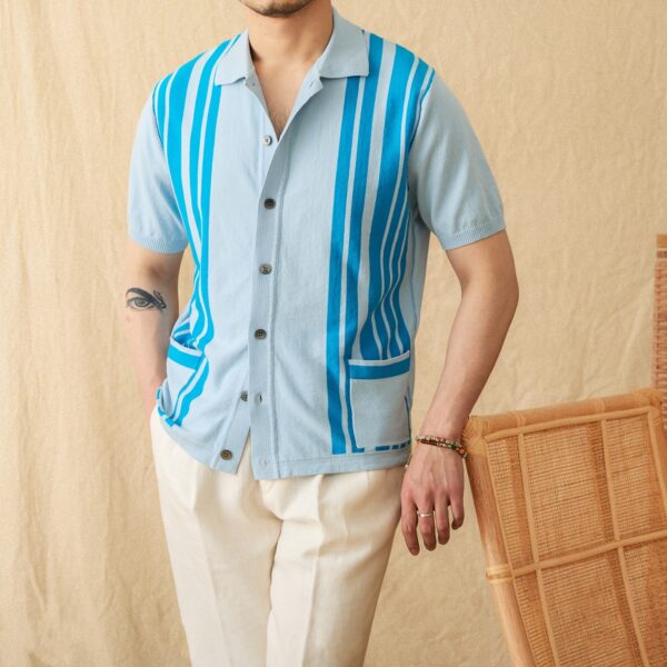 Cotton Striped Breathable Short-sleeved Knitted Cardigan Polo Shirt - Image 2