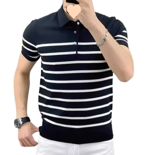 Lightly Mature Personality Striped Lapel Knitted T-shirt - Image 5