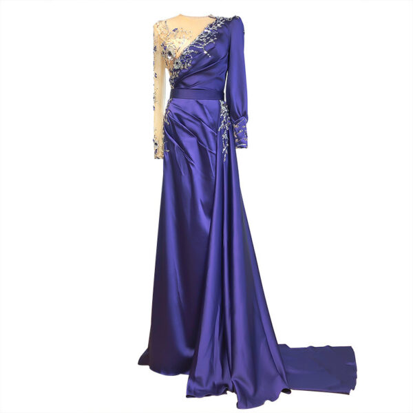 Wine Red Satin Round Neck Slim Dress - Image 2