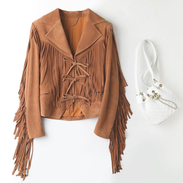 Genuine Leather Sheepskin Suede Lapel Tassel Motorcycle Short Jacket - Image 5
