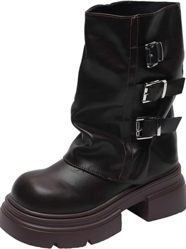 Women's Fashion Shoes Belt Buckle Platform Motorcycle Boots - Image 7