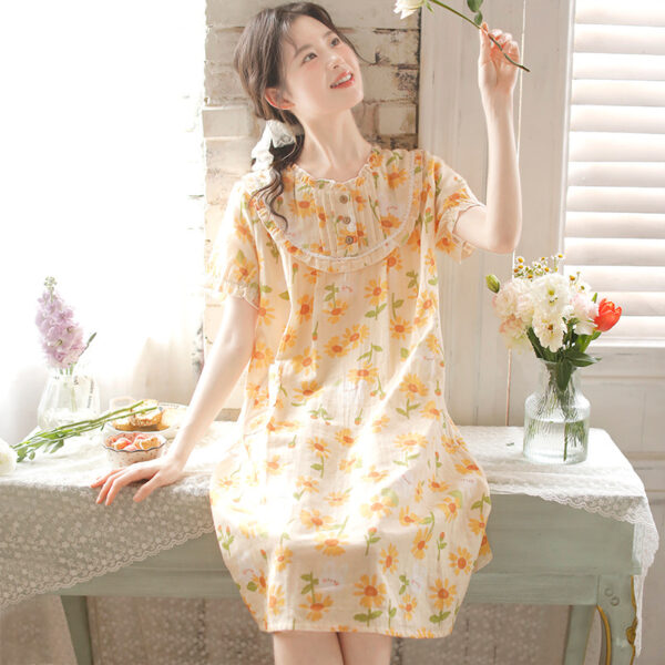 Women's Summer Short-sleeved Korean Style Cotton Nightdress With Chest Pad Floral Print - Image 7