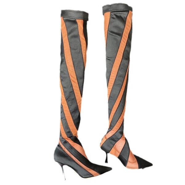 Pointed High Heel Elastic Thread Stitching Mesh Long Tube Over The Knee Boots - Image 7