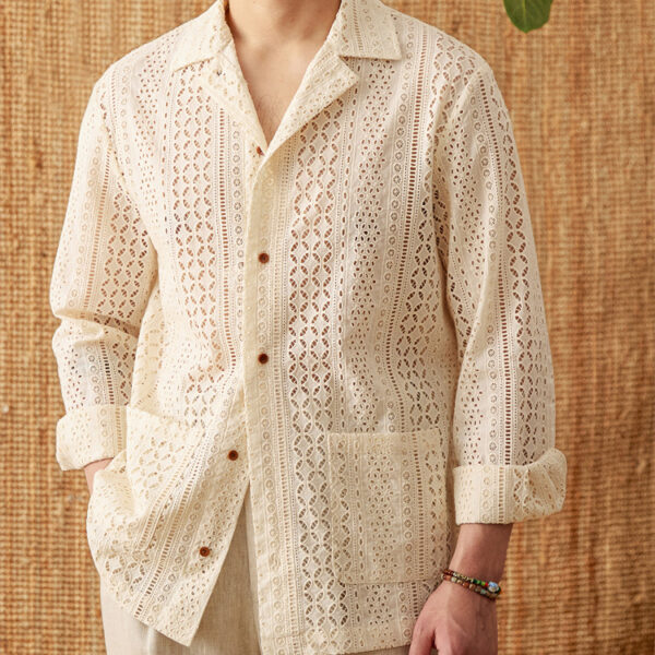 Cotton Hollow Cuban Collar Long Sleeve Shirt - Image 5