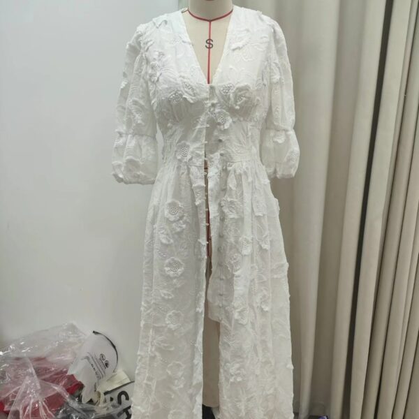 V-neck Puff Sleeve Dress White Embroidered Women - Image 5
