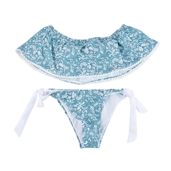 Light Blue Floral Pattern Strapless Off Shoulder Women Sexy Slit Bikini Set Swimwear Women Beach Bathing Swimsuit - Image 3