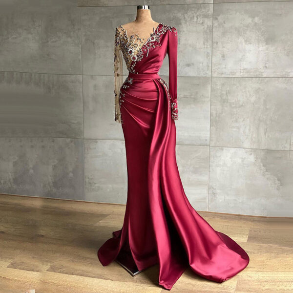 Wine Red Satin Round Neck Slim Dress - Image 3