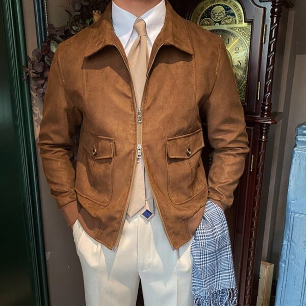 Suede Coffee Bomber Jacket For Man - Image 5
