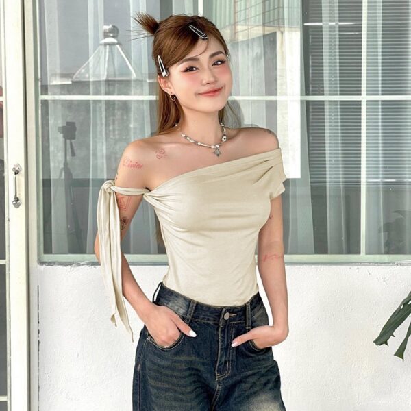 Pleated One-shoulder Backless Twisted Lace-up Asymmetric T-shirt Top - Image 8