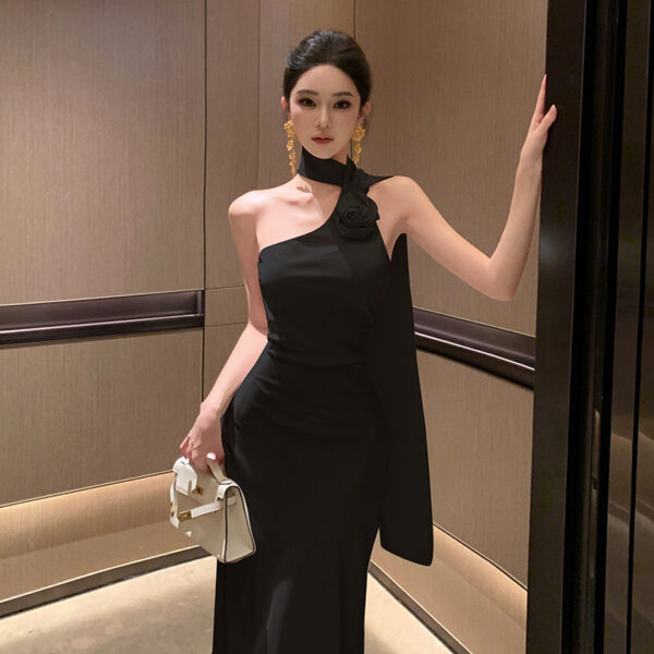 French Style Retro Elegant Sense Of Atmosphere Sloping Shoulder Dress Women - Image 6