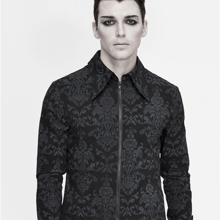 Men’s Long Sleeve Stand Collar Zipper Embroidered Shirt