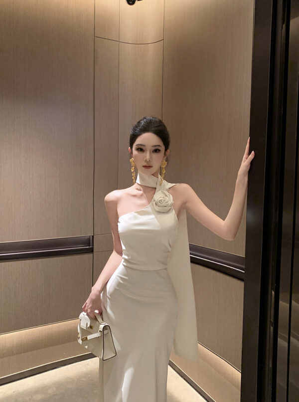 French Style Retro Elegant Sense Of Atmosphere Sloping Shoulder Dress Women - Image 7