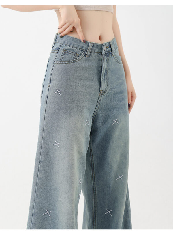 Women's Tencel Light Colored Embroidered Wide Leg Jeans - Image 3