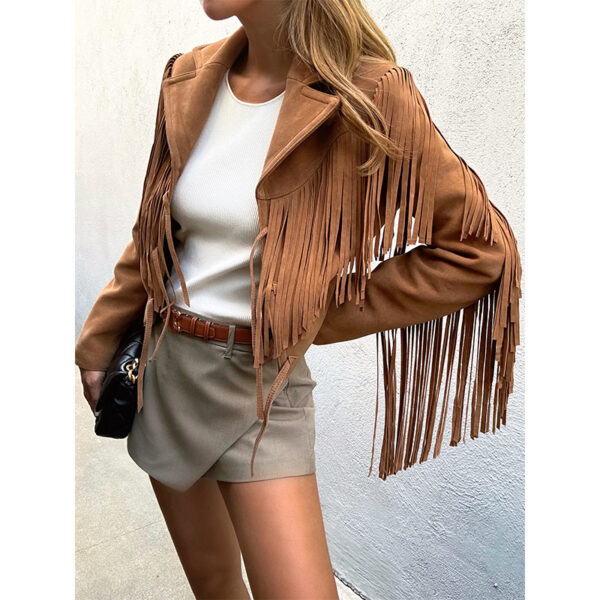 Genuine Leather Sheepskin Suede Lapel Tassel Motorcycle Short Jacket - Image 3