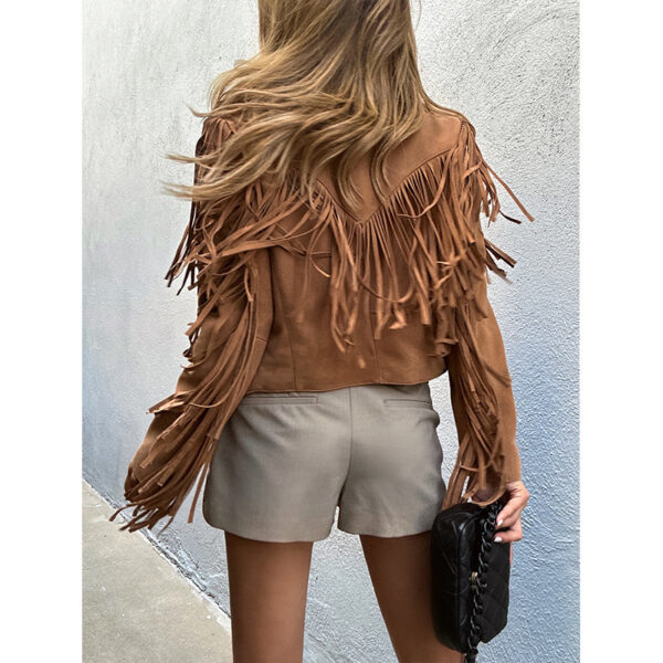Genuine Leather Sheepskin Suede Lapel Tassel Motorcycle Short Jacket - Image 2