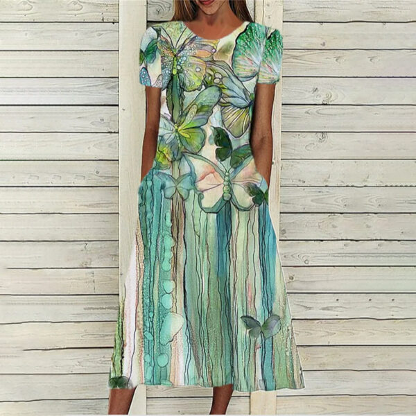 Floral Print Round Neck Short Sleeve Pocket Dress - Image 2