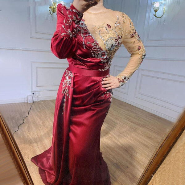 Wine Red Satin Round Neck Slim Dress - Image 4