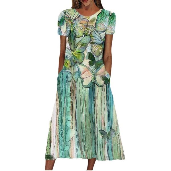 Floral Print Round Neck Short Sleeve Pocket Dress - Image 3