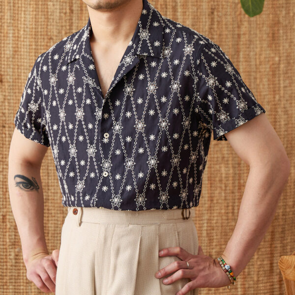 Holiday Pure Cotton Embroidery Cuban Collar Loose Shirt - Image 2