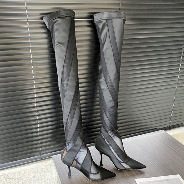 Pointed High Heel Elastic Thread Stitching Mesh Long Tube Over The Knee Boots - Image 8