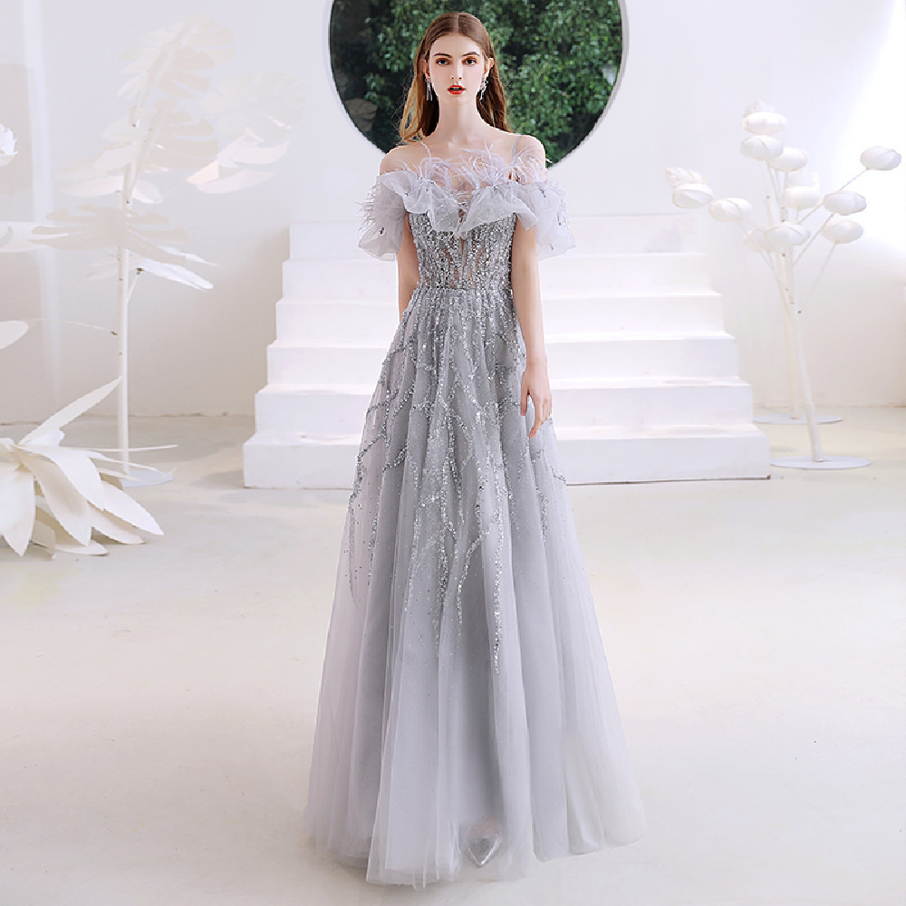 One Word Shoulder Banquet Temperament Ladies Senior Sense Dress