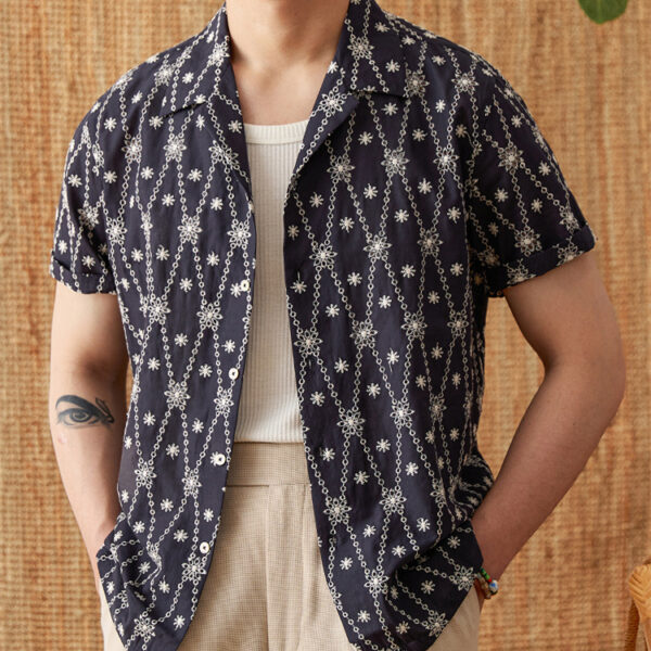 Holiday Pure Cotton Embroidery Cuban Collar Loose Shirt - Image 4