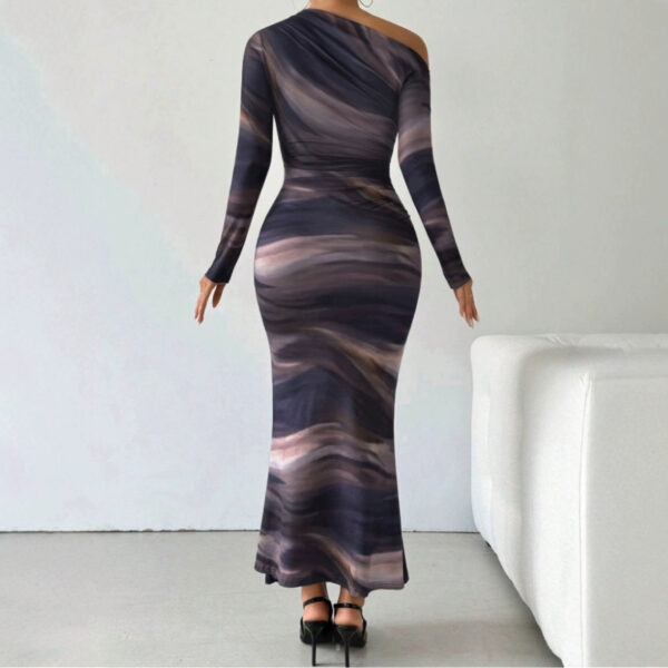 Tie-dyed Crossbody Shoulder Asymmetric Fold Dress - Image 2