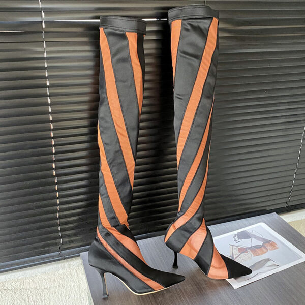 Pointed High Heel Elastic Thread Stitching Mesh Long Tube Over The Knee Boots - Image 6