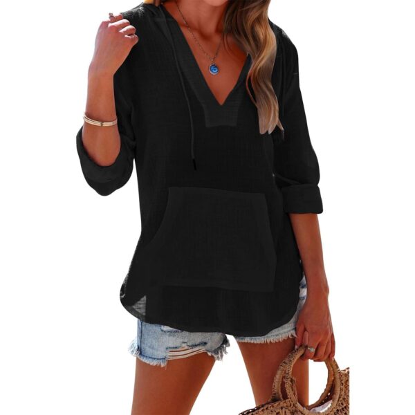 Sports Long Sleeve V-neck Pocket Hooded Women's Shirt Top - Image 7