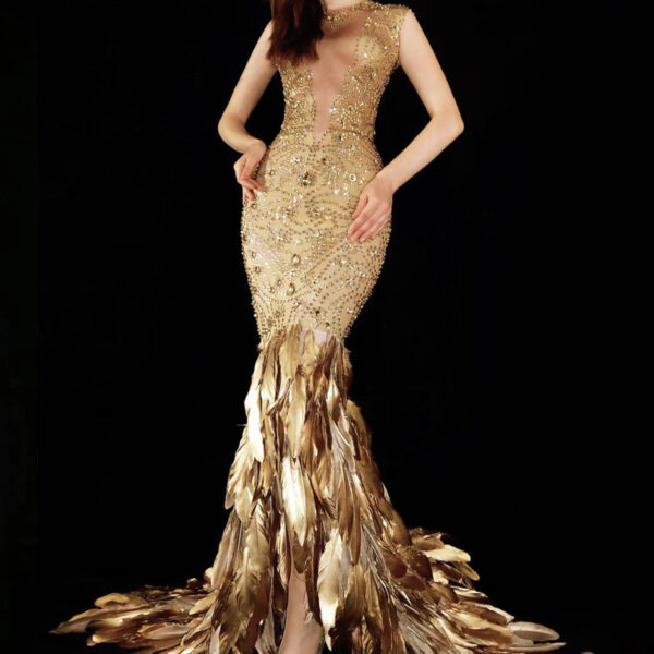 Gold Feather Rhinestone Bag Hip Elastic Evening Dress - Image 4