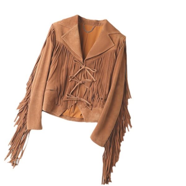 Genuine Leather Sheepskin Suede Lapel Tassel Motorcycle Short Jacket - Image 4