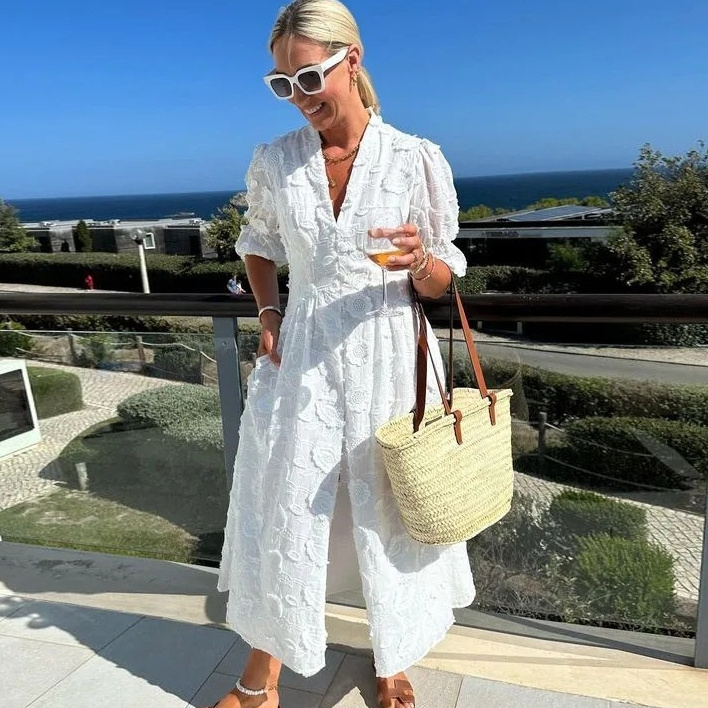 V-neck Puff Sleeve Dress White Embroidered Women