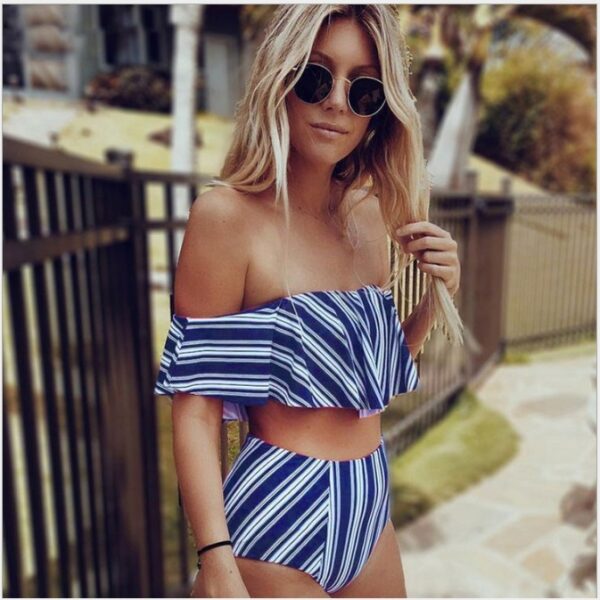 Sexy White Black Striped High Waist Biquini Ruffled Swim Bathing Suit Swimsuit Swimwear Women Off Shoulder Bikini - Image 4